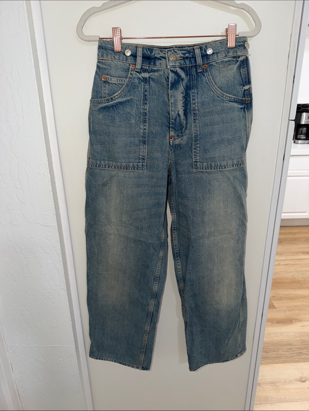 Topshop Straight Leg Jeans in Washed Blue with Button Detail 25